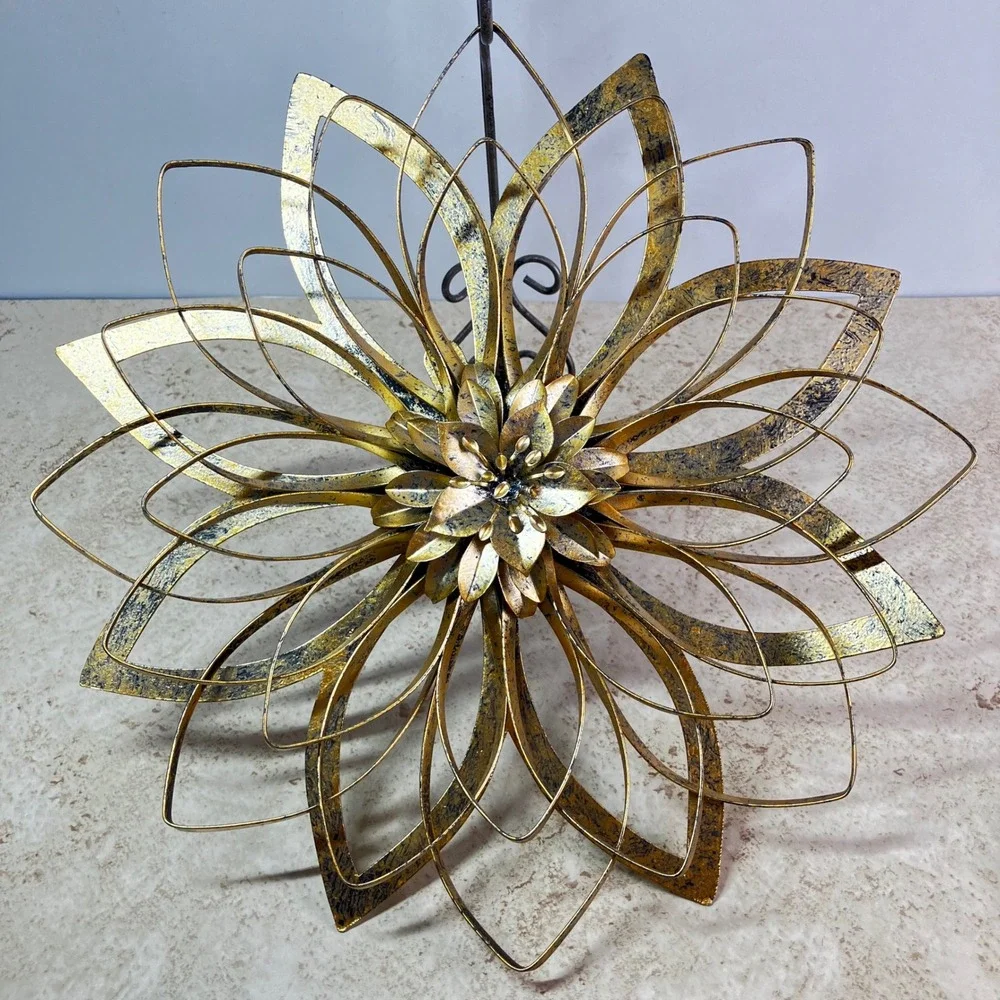 Ornate Wall Decor Metal Flower 12 Inch Gold Distressed 3D Lotus Sculpture
